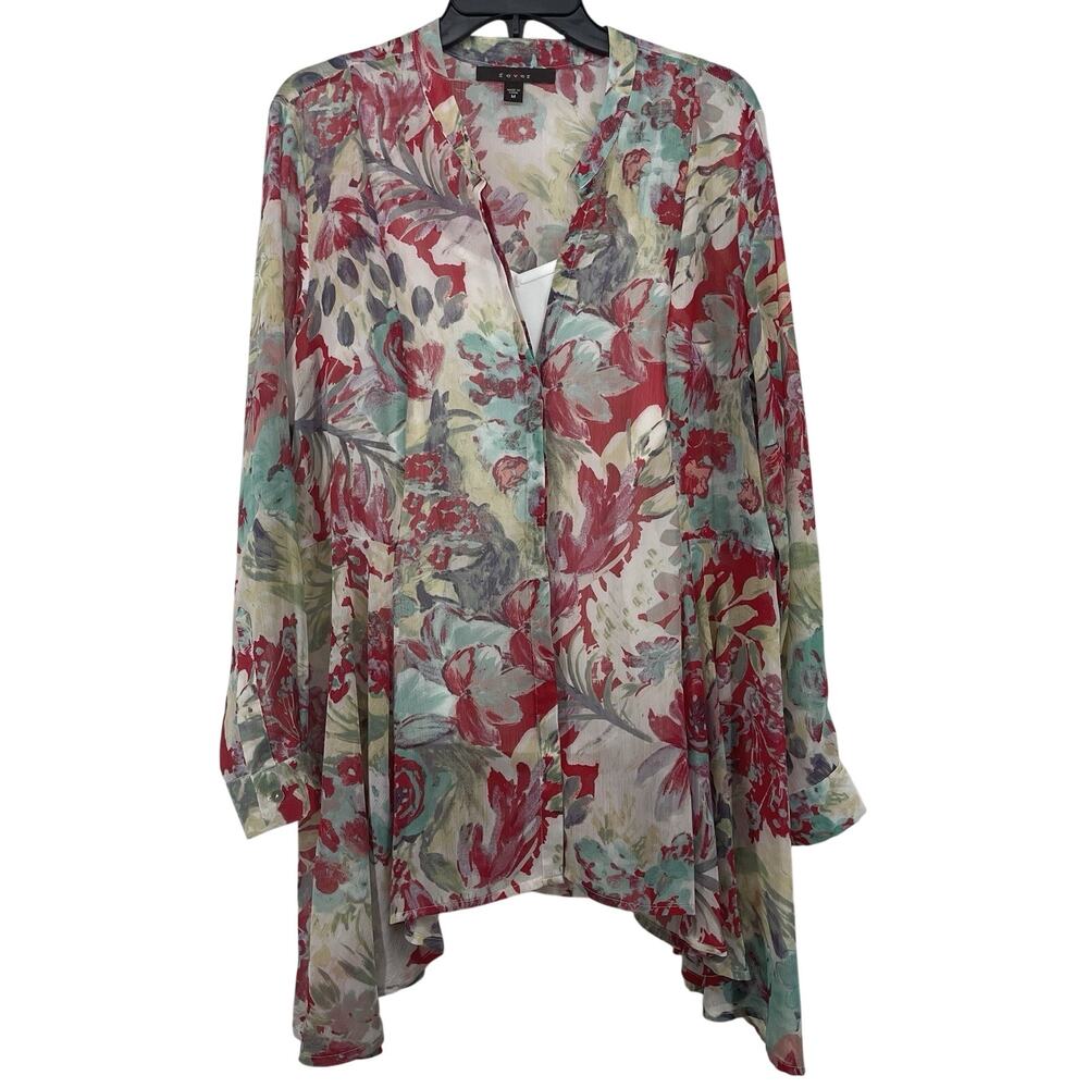 Fever Size Medium Sheer Floral Blouse‎ Sharkbite Hem Long Sleeve Button Down Top